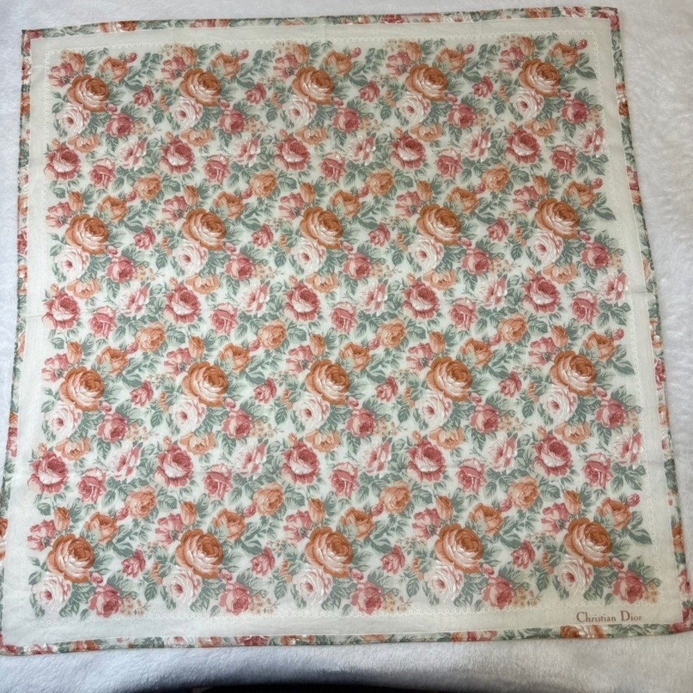 VTG CHRISTIAN DIOR Scarf Handkerchief Floral Rose Pink 18.5in